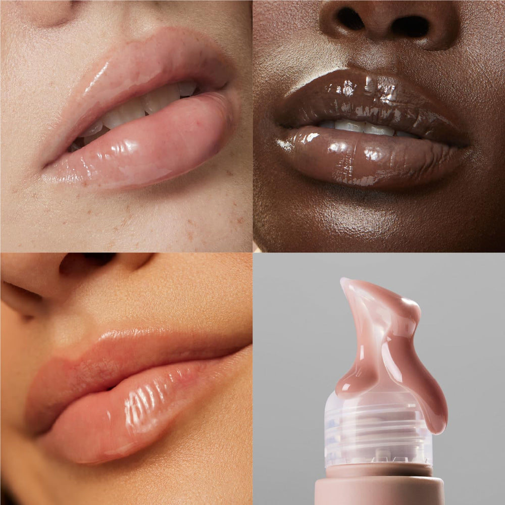 The Outset Lip Oasis glossy texture swatch reveals the sheer Dune tint.