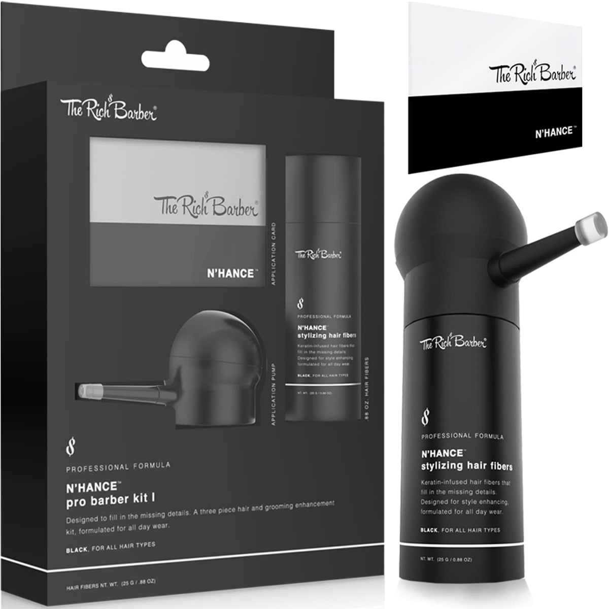 The Rich Barber N'Hance Pro bottle showing keratin-infused fibers for natural coverage