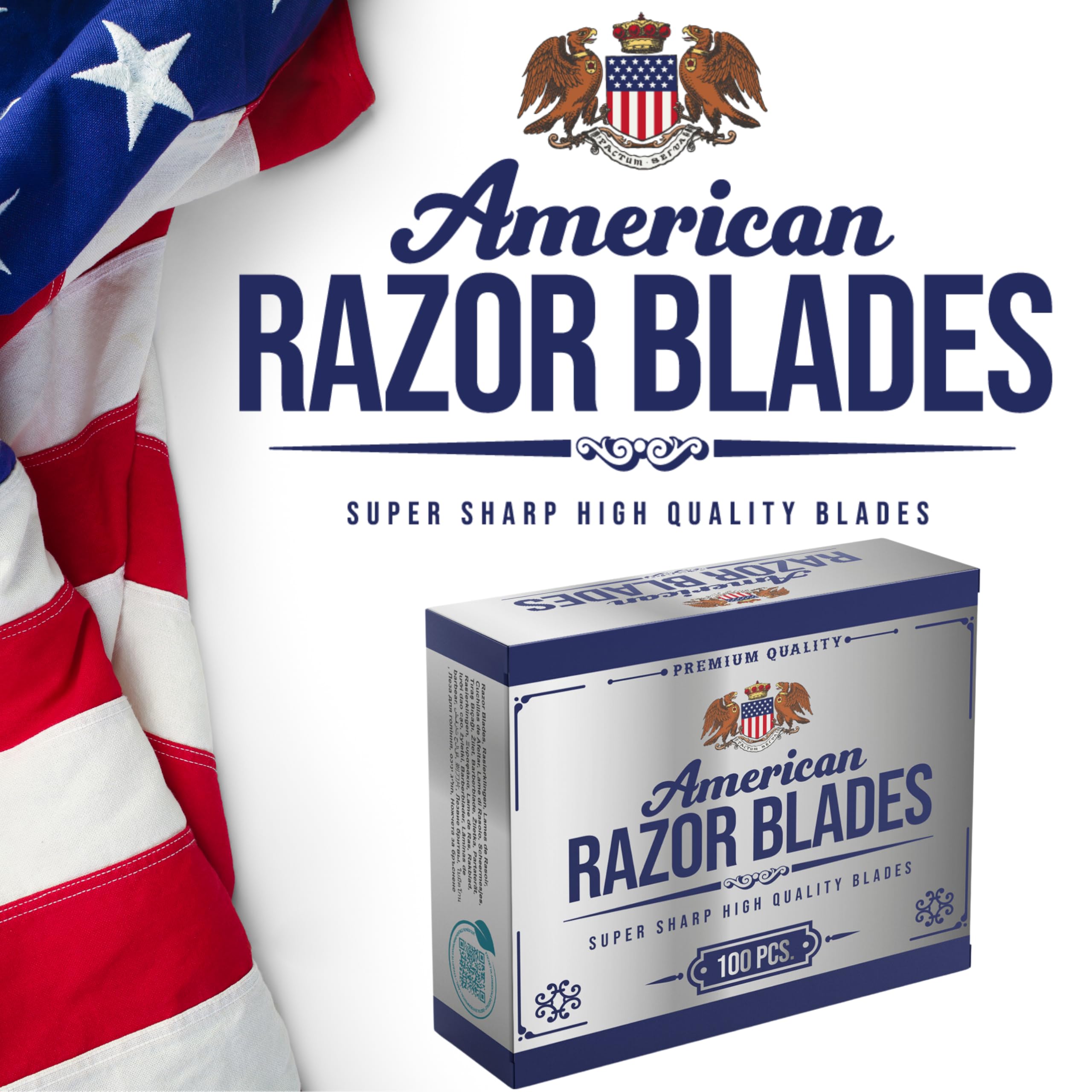 The Shave Factory American Razor Blades packaging on display highlights premium value