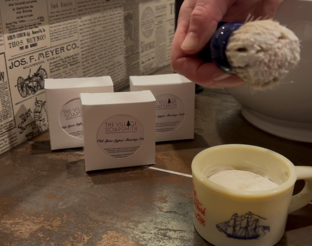 The Village Soapsmith Old Spice shaving soap lather showing thick foam for a smooth shave.