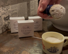 The Village Soapsmith Old Spice shaving soap lather showing thick foam for a smooth shave.