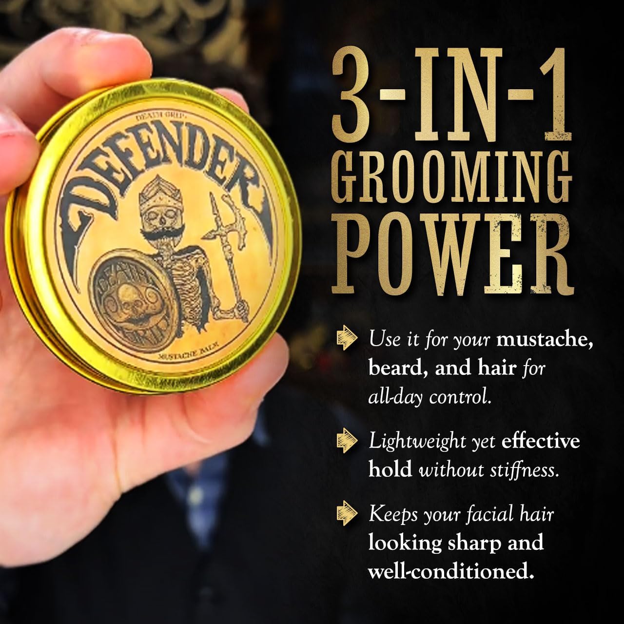 The Vintage Grooming Co. Defender Balm application close-up for smooth mustache styling.