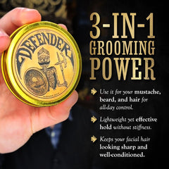 The Vintage Grooming Co. Defender Balm application close-up for smooth mustache styling.