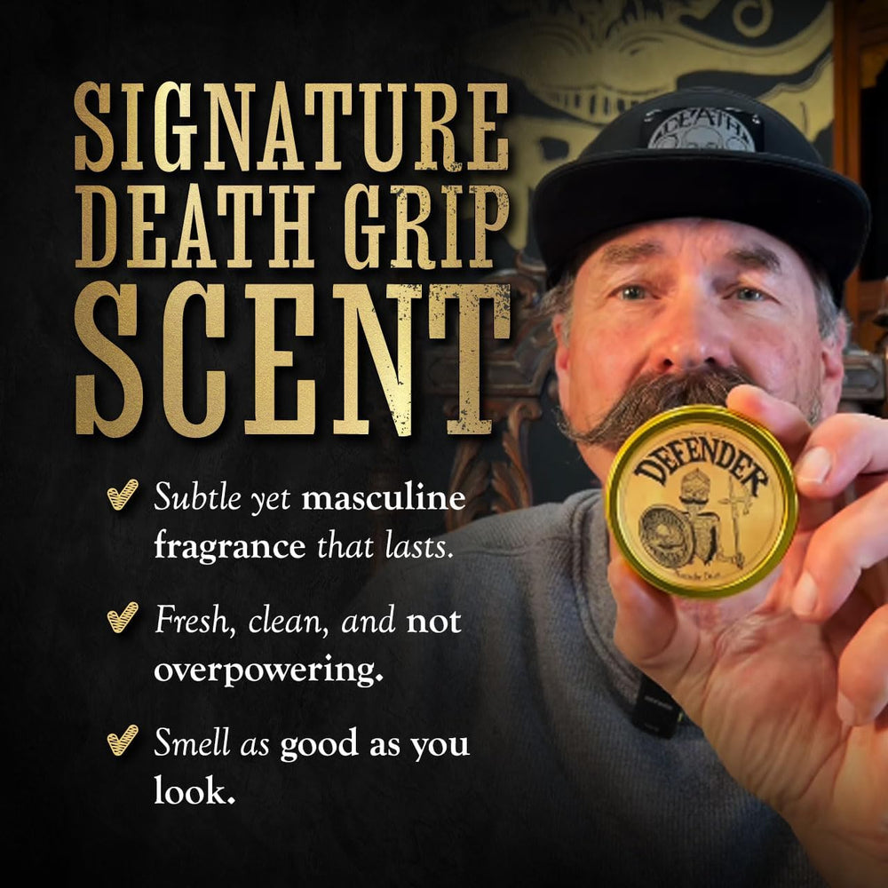 The Vintage Grooming Co. Mustache balm kit open reveals essential grooming tools.