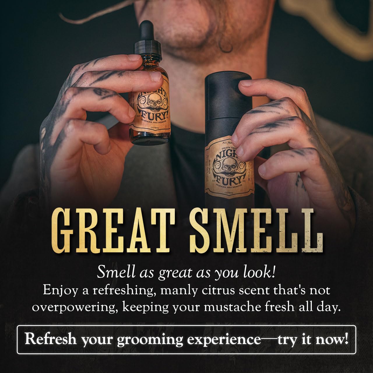 The Vintage Grooming Co Night Fury Oil before-after moustache cleaning.