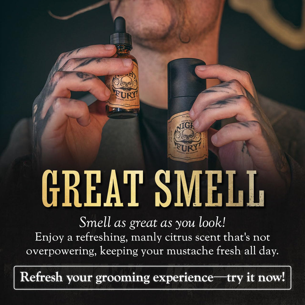 The Vintage Grooming Co Night Fury Oil before-after moustache cleaning.