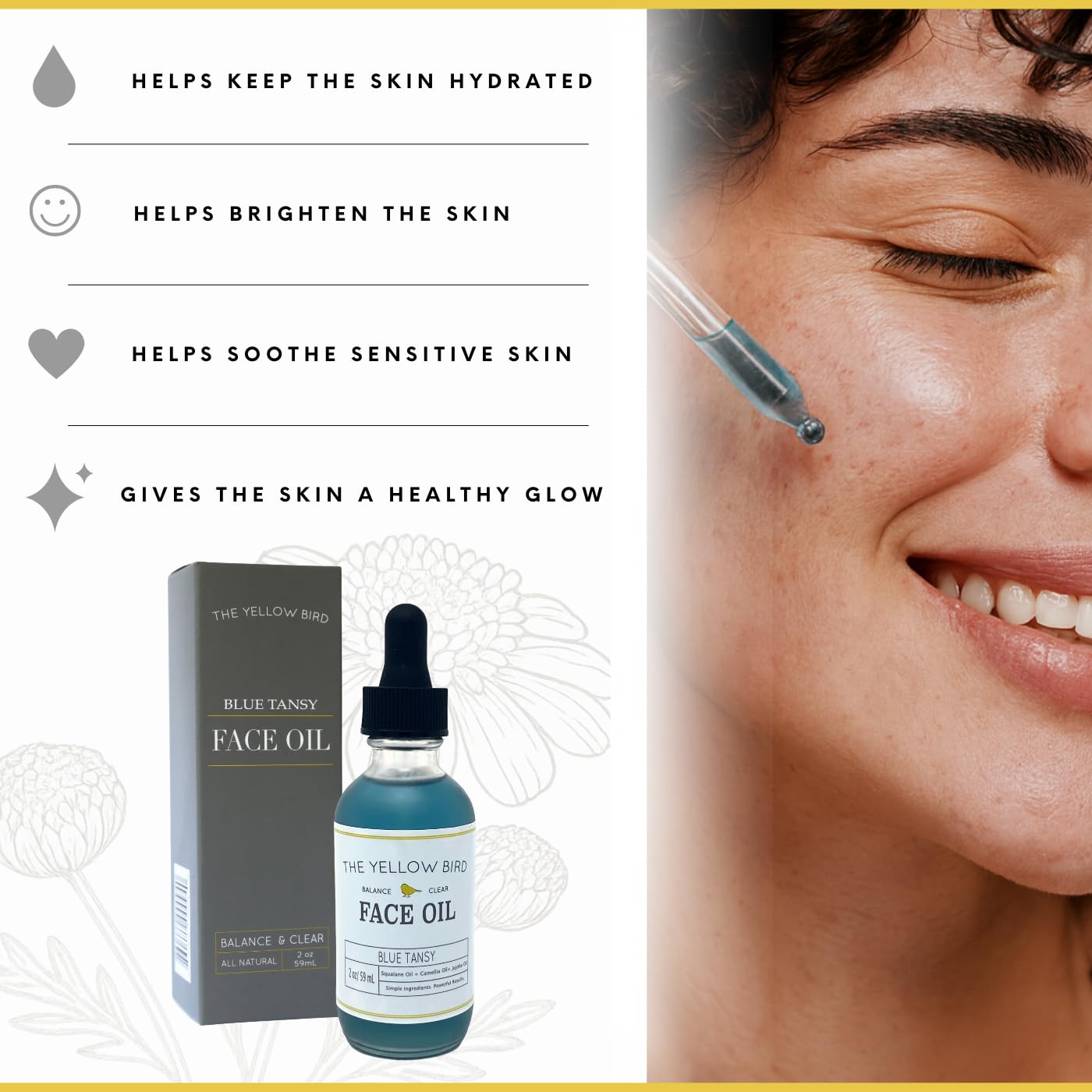 The Yellow Bird Balancing Blue Tansy oil applied on skin for glow and calm.