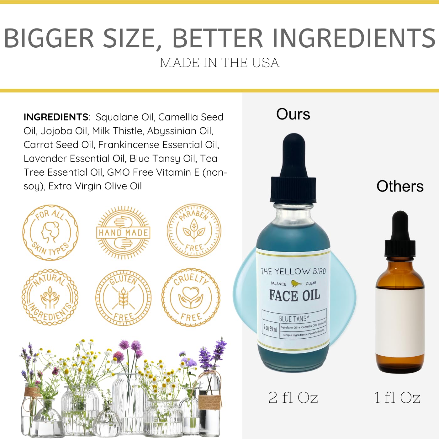 The Yellow Bird Balancing Blue Tansy dropper emphasizes calm, clear skin nourishment.