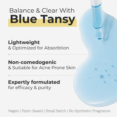 The Yellow Bird Balancing Blue Tansy oil ingredients panel highlighting antioxidant hydration.