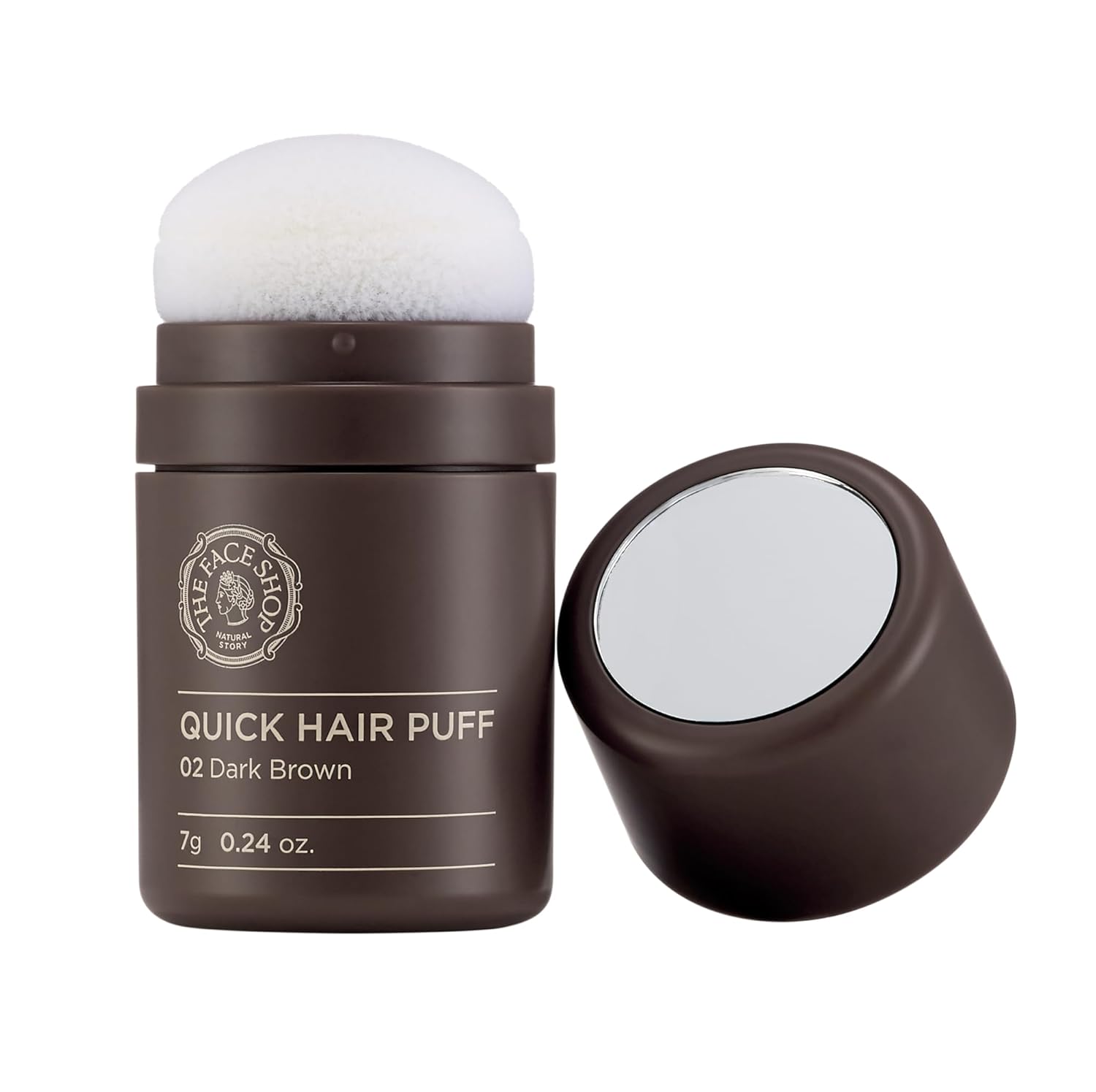 The Face Shop Quick Hair Puff close-up shows natural dark brown coverage for thinning hair.