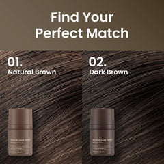 Hairline coverage shot demonstrates natural color compatibility with shade 02 Dark Brown.