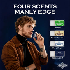 THEMANCODE cedarwood solid cologne compact with piney, grounding aroma for meetings.