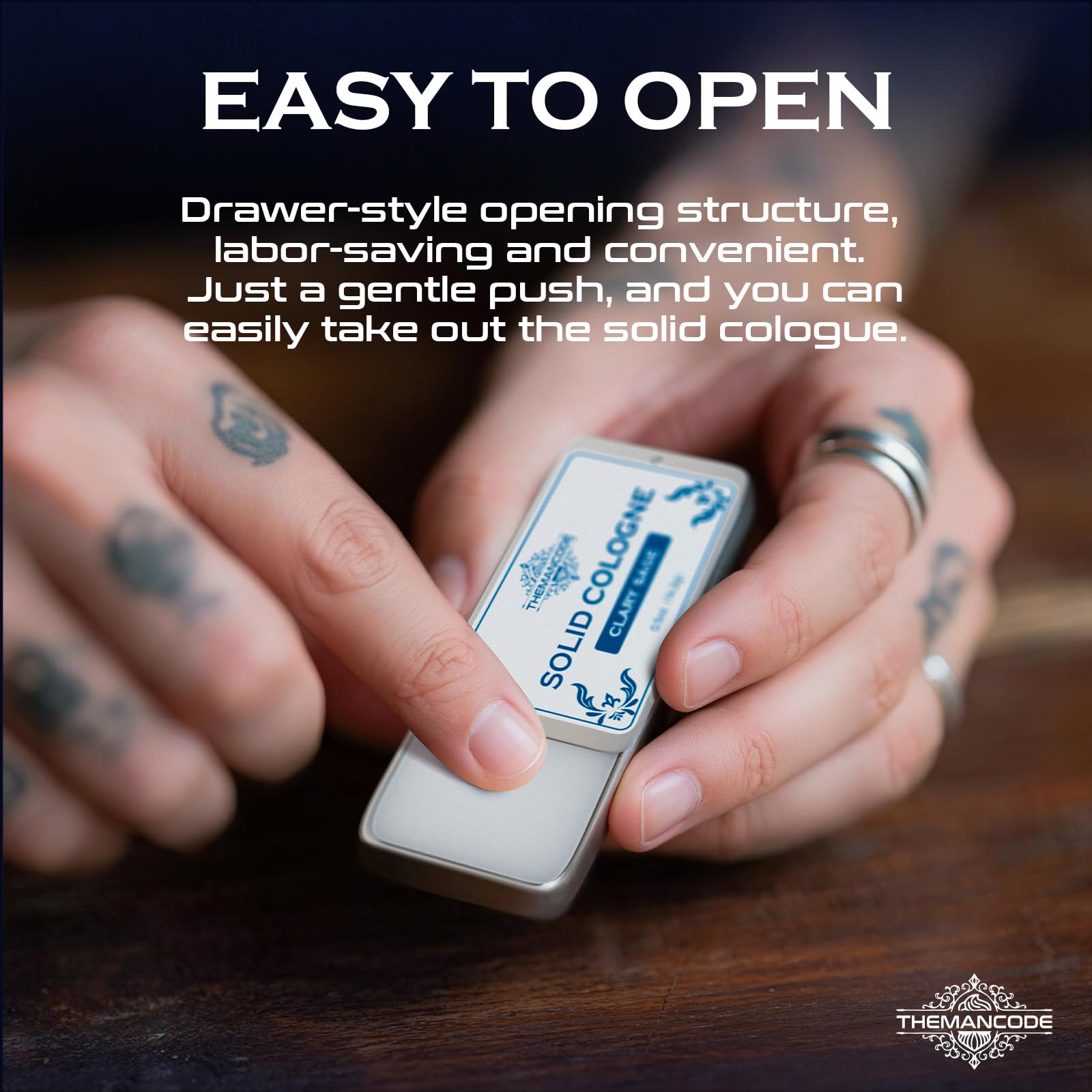 THEMANCODE solid perfume reduces spills with a spill-free, on-the-go format.