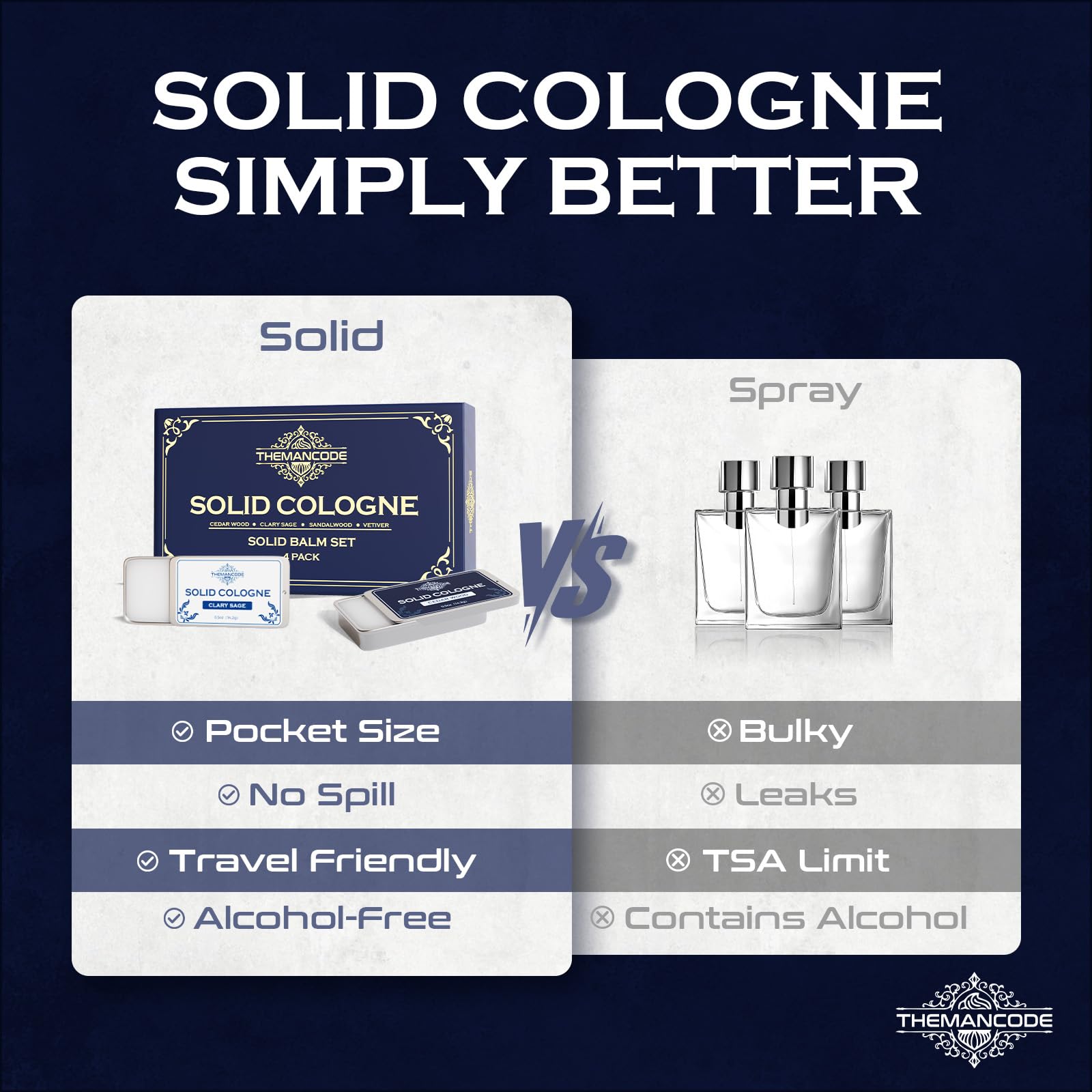 THEMANCODE sage solid cologne compact offers fresh herbal character for evenings out.