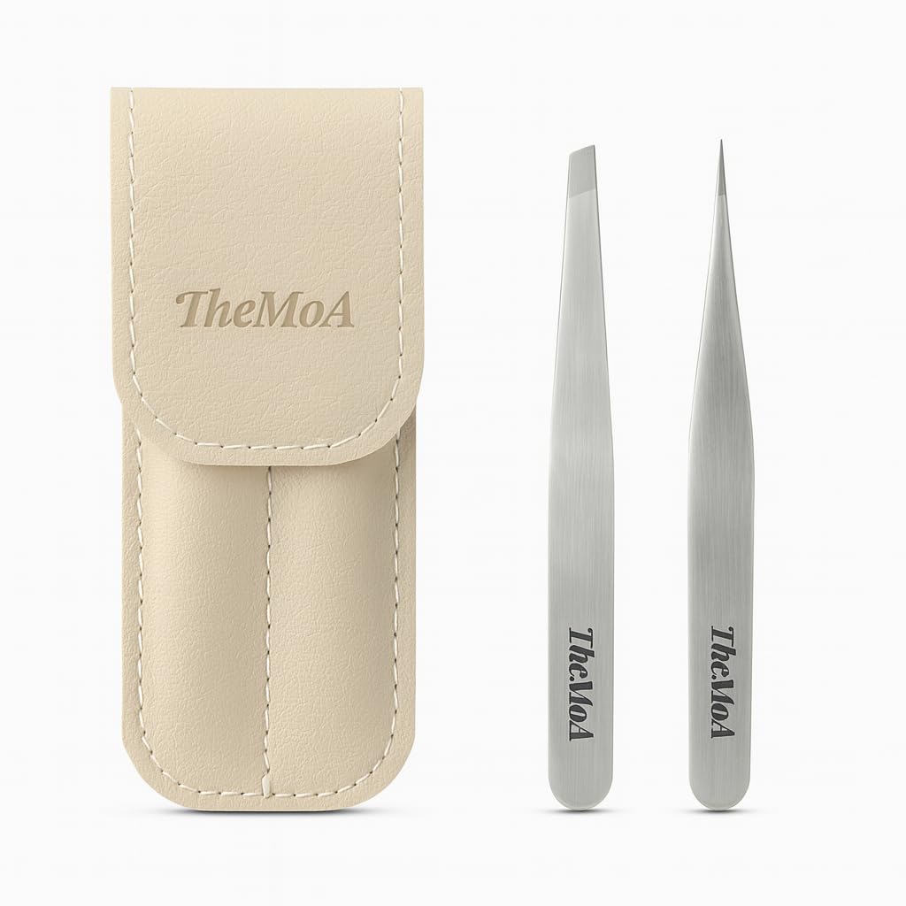 THEMOA precision tweezers with pointed tips for ultra-precise eyebrow grooming
