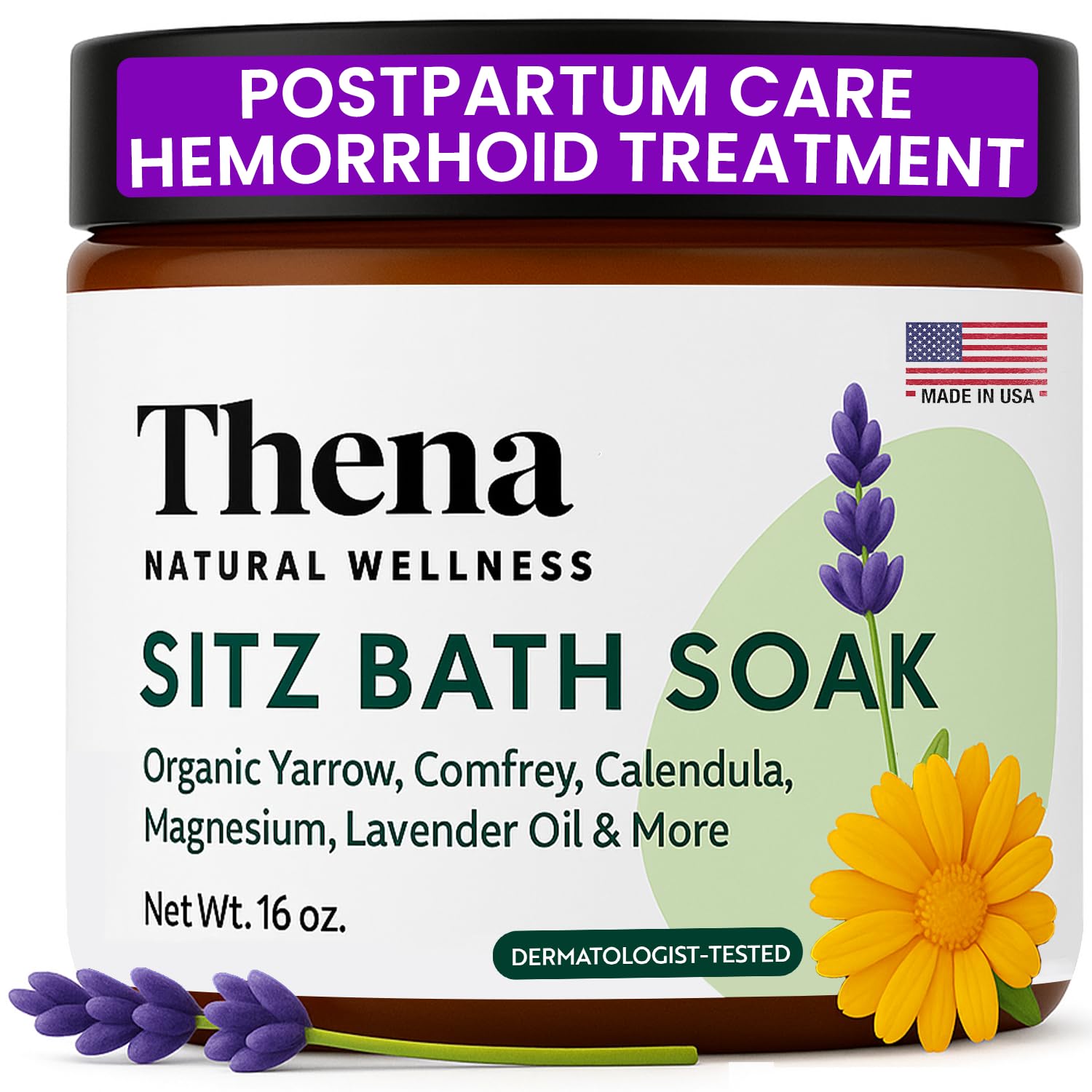 THENA Natural Wellness Sitz Bath Soak packaging with organic ingredients for postpartum care