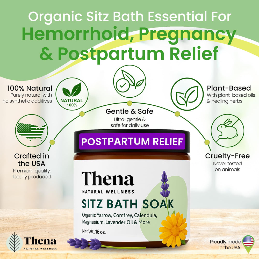 THENA Sitz Bath Soak being poured, quick-dissolving salts for easy relief