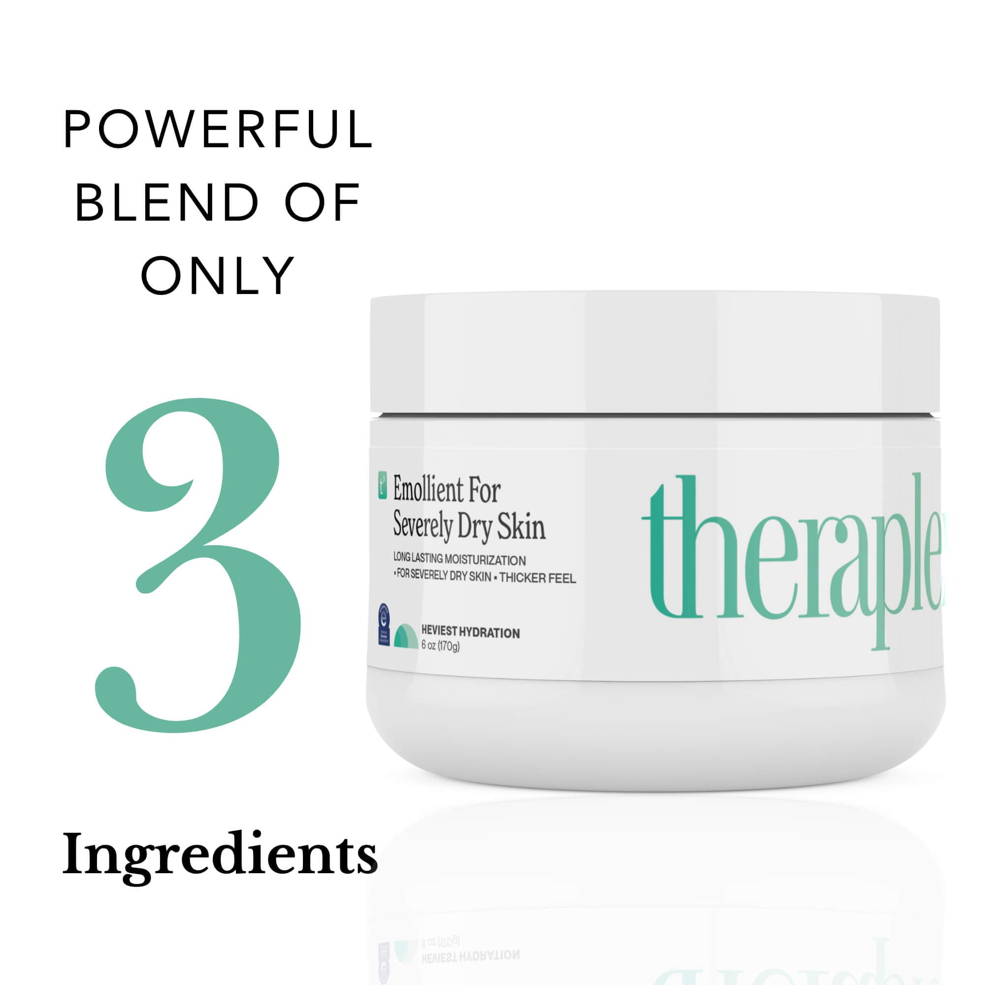 Theraplex Emollient Cream ingredient panel features petrolatum and cyclomethicone for targeted hydration.