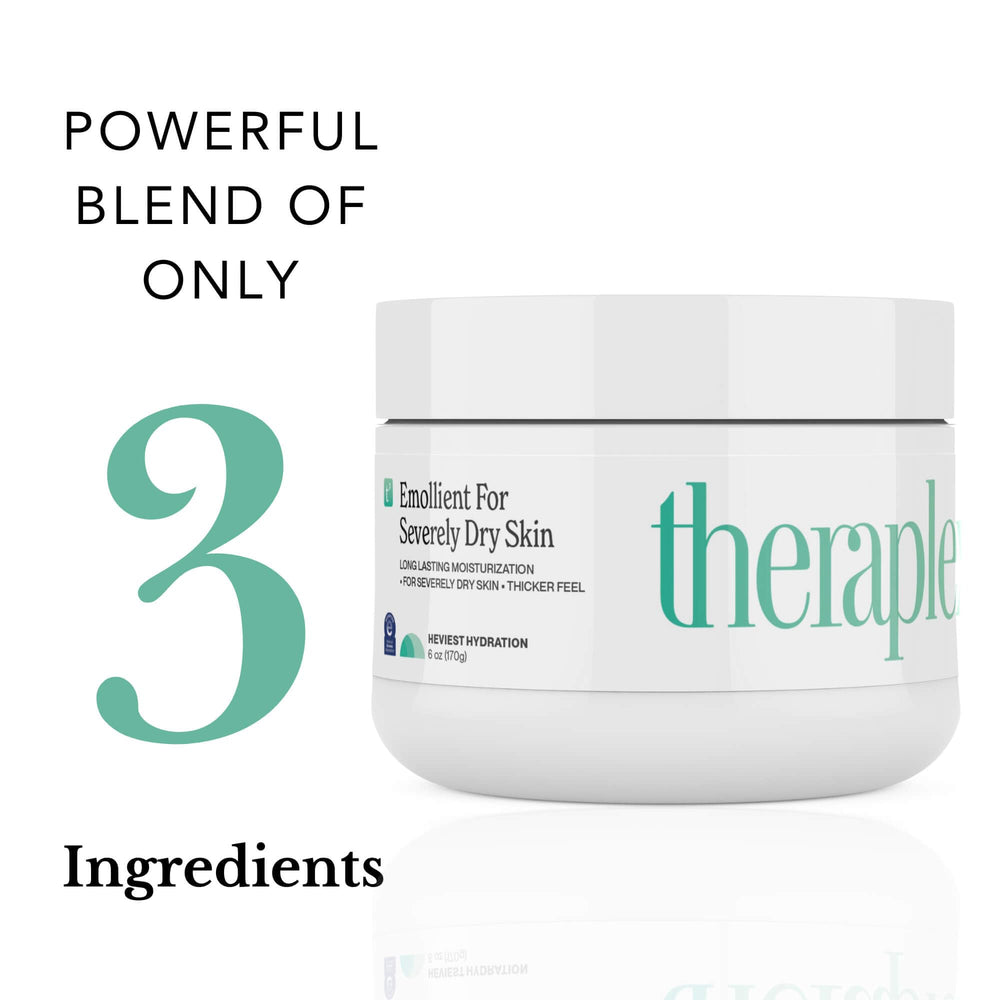 Theraplex Emollient Cream ingredient panel features petrolatum and cyclomethicone for targeted hydration.