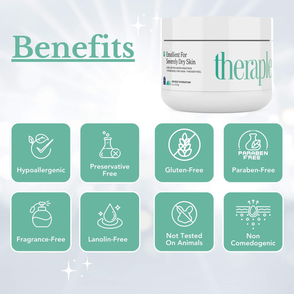 Theraplex Emollient Cream texture close-up shows thick, rich emollient for dry areas.