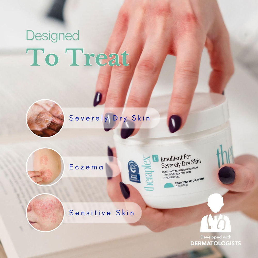 Theraplex Emollient, textura rica que suaviza manos y codos resecos.