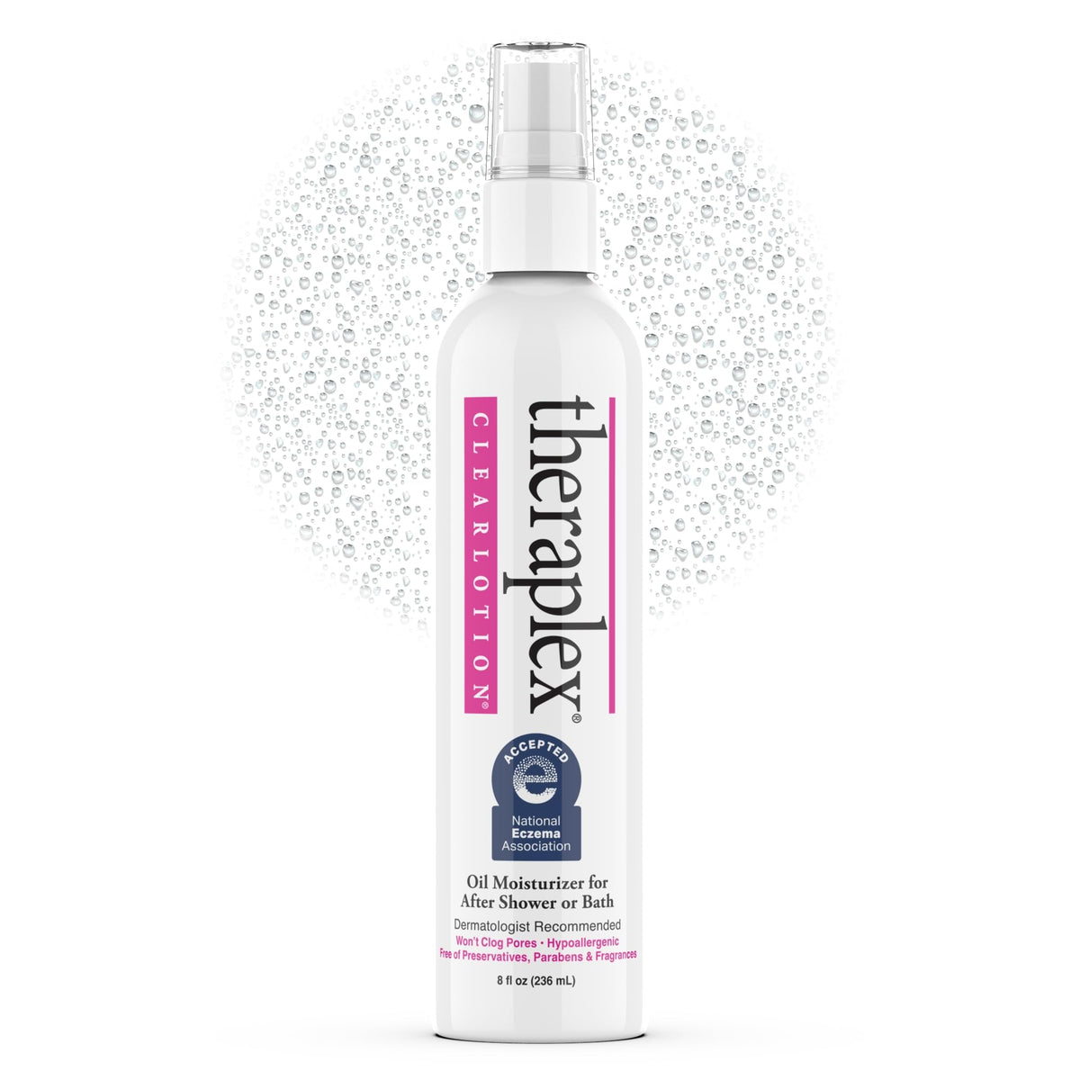 Theraplex Loción Clara Spray envase 8oz, aplicación diaria para sellar humedad tras la ducha.