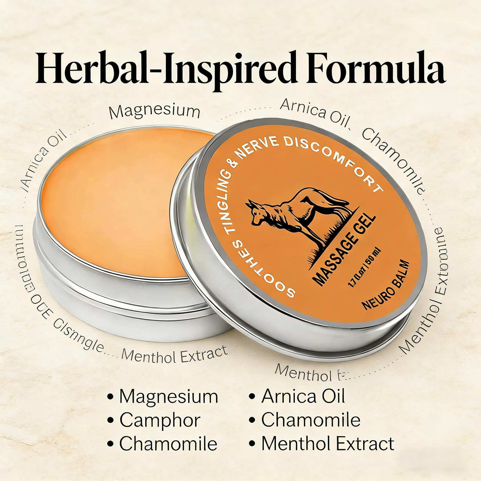 Therawolf Balm ingredients graphic emphasizes magnesium, arnica oil, camphor, chamomile, and menthol.