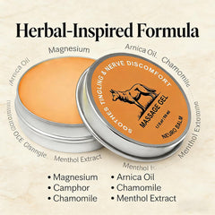 Therawolf Balm ingredients graphic emphasizes magnesium, arnica oil, camphor, chamomile, and menthol.