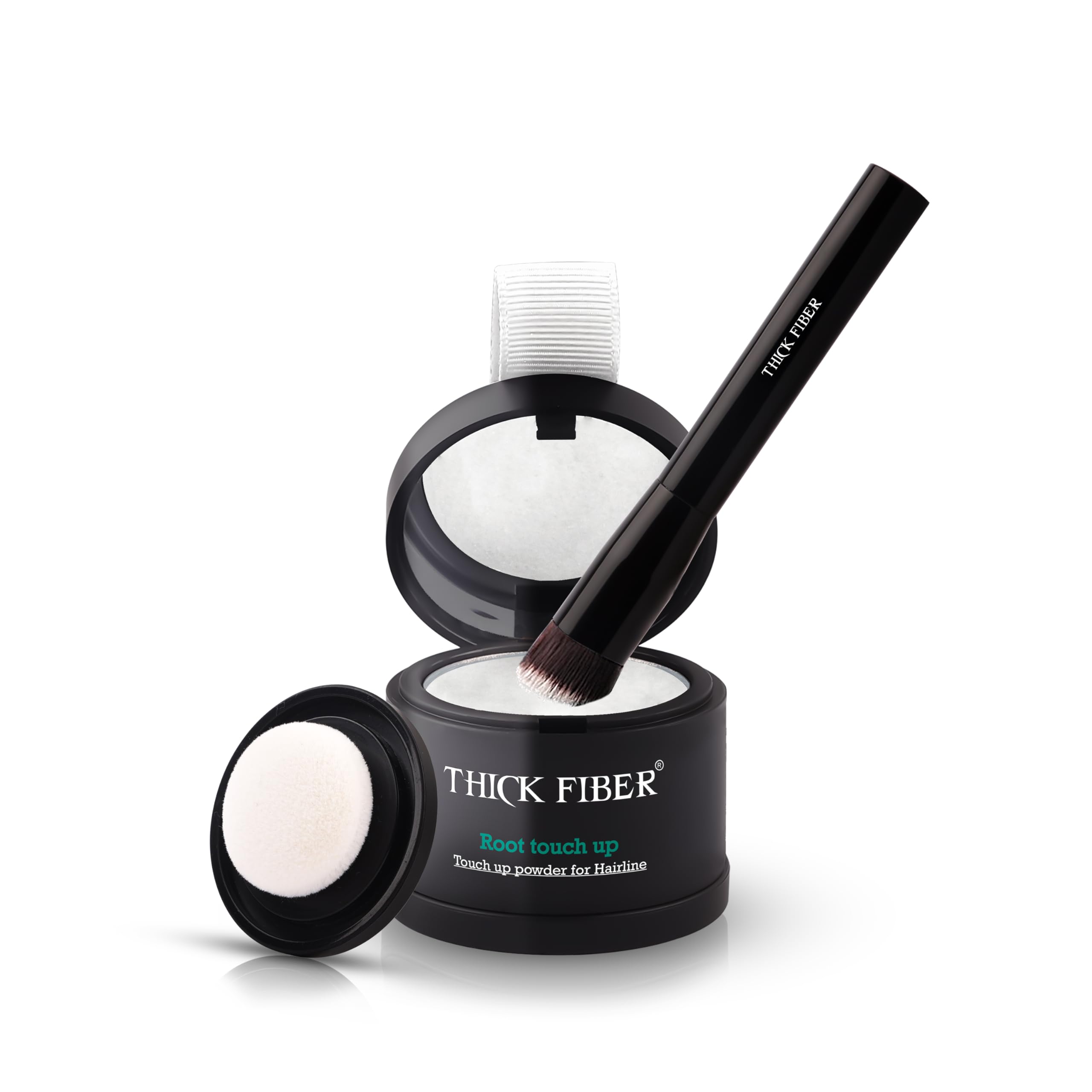 Thick Fiber root touch-up powder compact for quick thinning hairline coverage.
