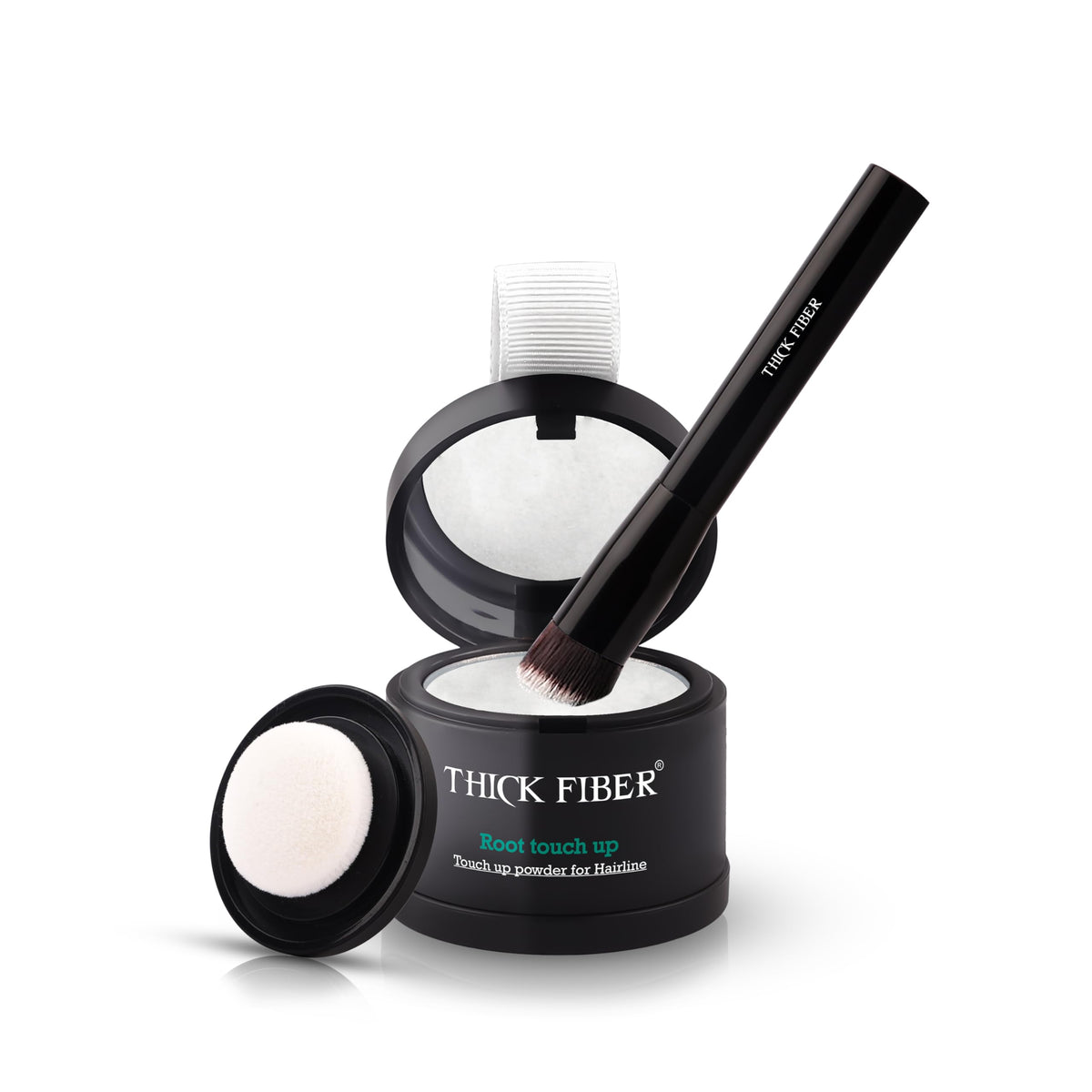 Thick Fiber root touch-up powder compact for quick thinning hairline coverage.