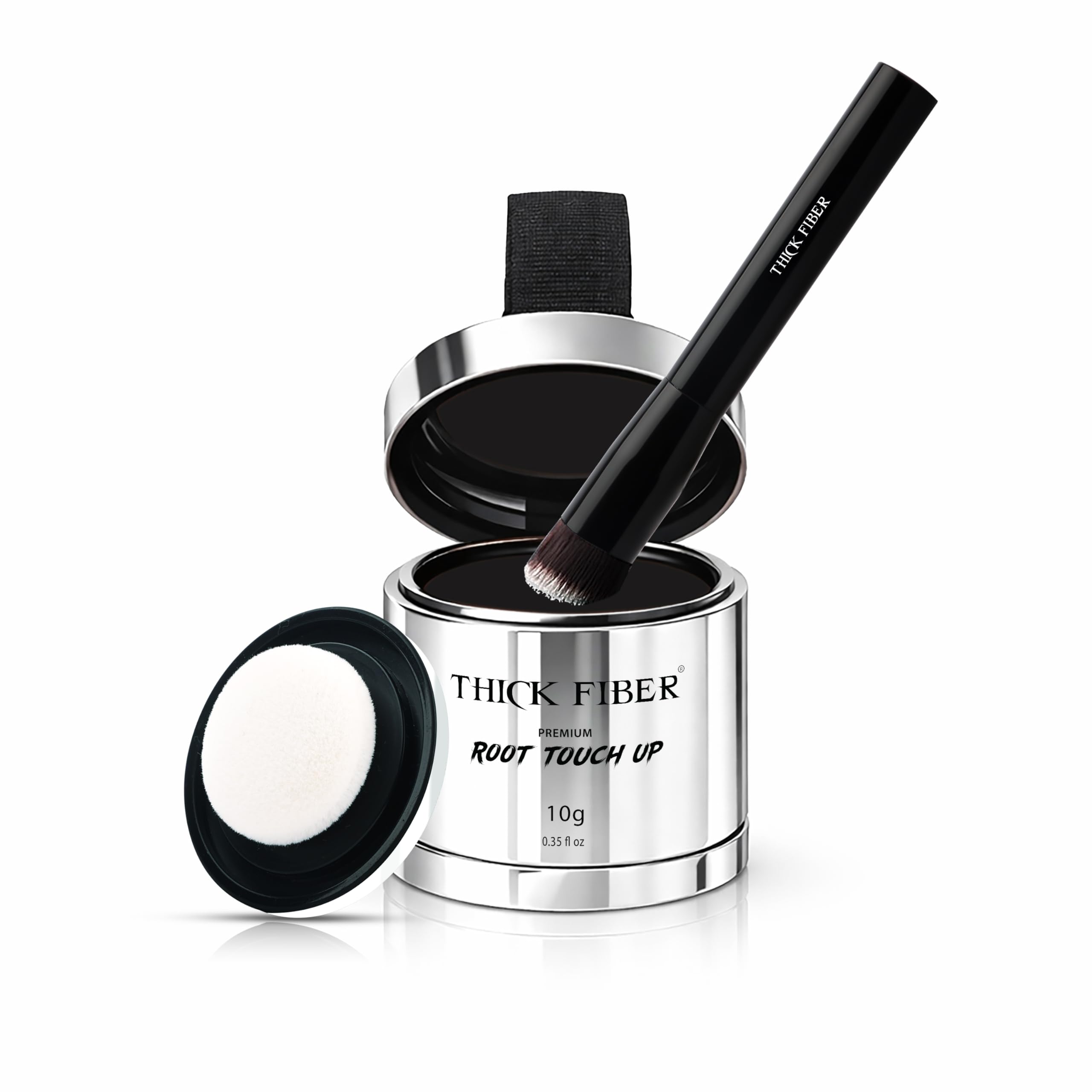Thick Fiber root touch up powder compact for instant gray root concealment.