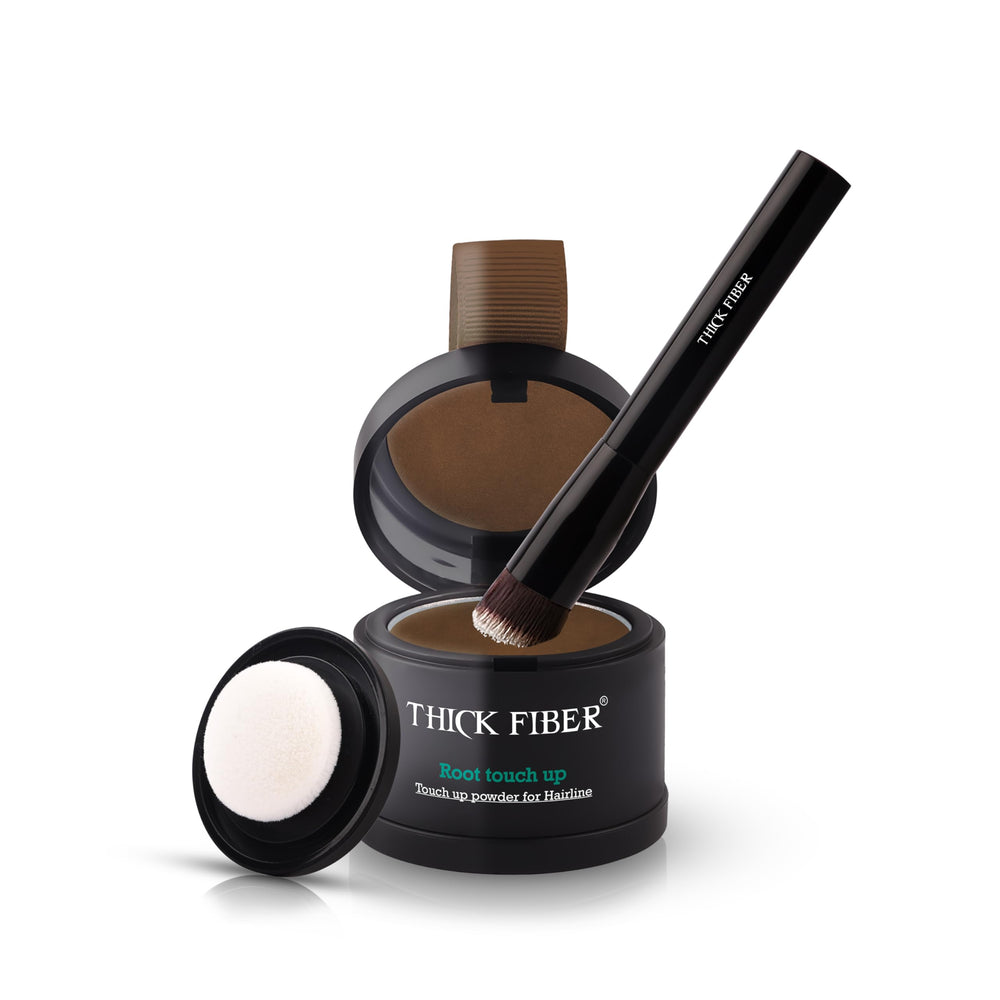 Thick Fiber root touch-up powder in light brown creates seamless gray-root coverage