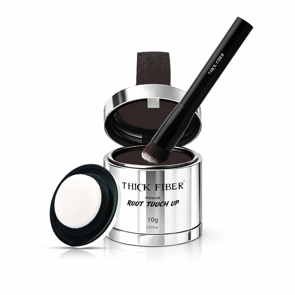 Thick Fiber Root Touch Up Powder packaging presents a compact kit for quick concealment.