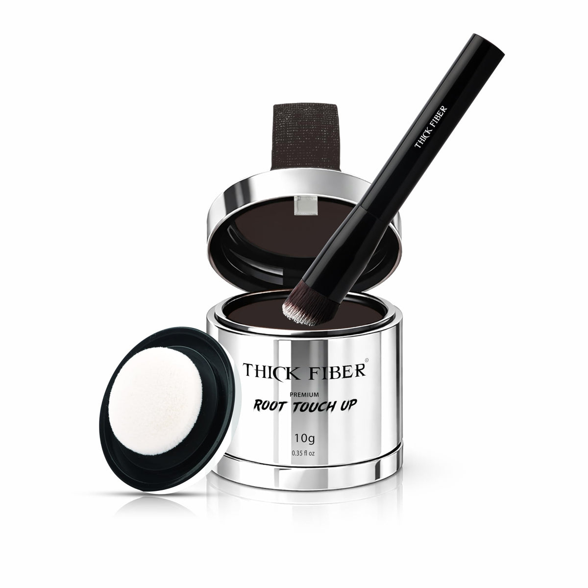 Thick Fiber Root Touch Up Powder packaging presents a compact kit for quick concealment.