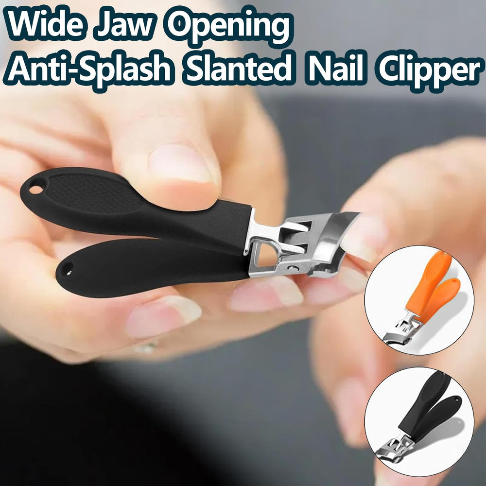 The 2PCS Wide Jaw Opening Anti-Splash Slanted Nail Clipper trims thick nails with ease in orange black.