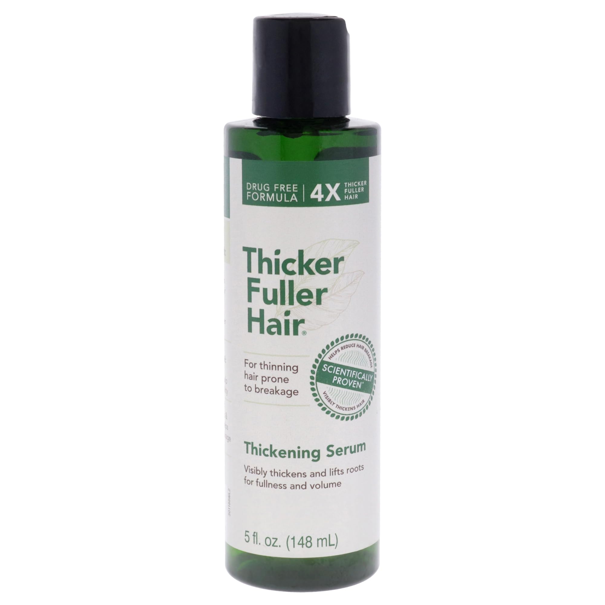 Thicker Fuller Hair thickening serum bottle close-up promotes fuller-looking hair and stronger strands.