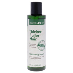 Thicker Fuller Hair thickening serum bottle close-up promotes fuller-looking hair and stronger strands.