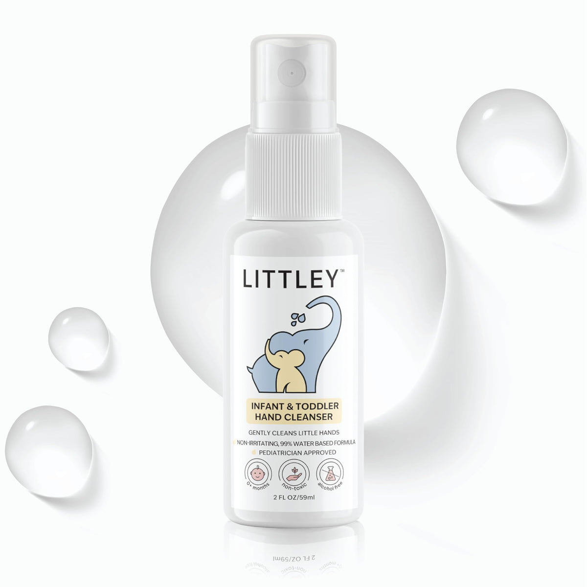 Botella Littley de 2 oz con HOCl para limpieza rápida de manos.