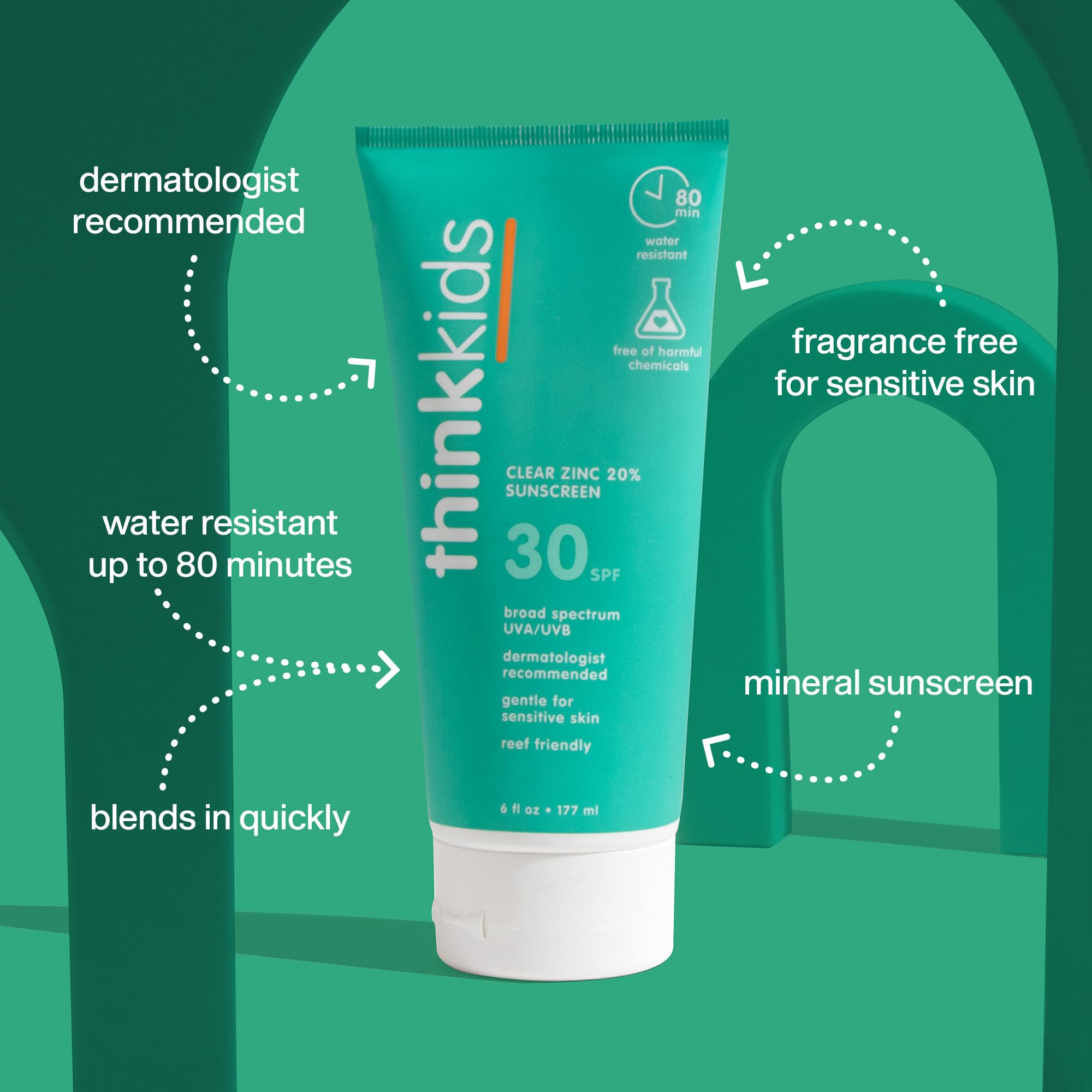 Thinkkids sunscreen bottle back label showing vegan, reef-safe formula