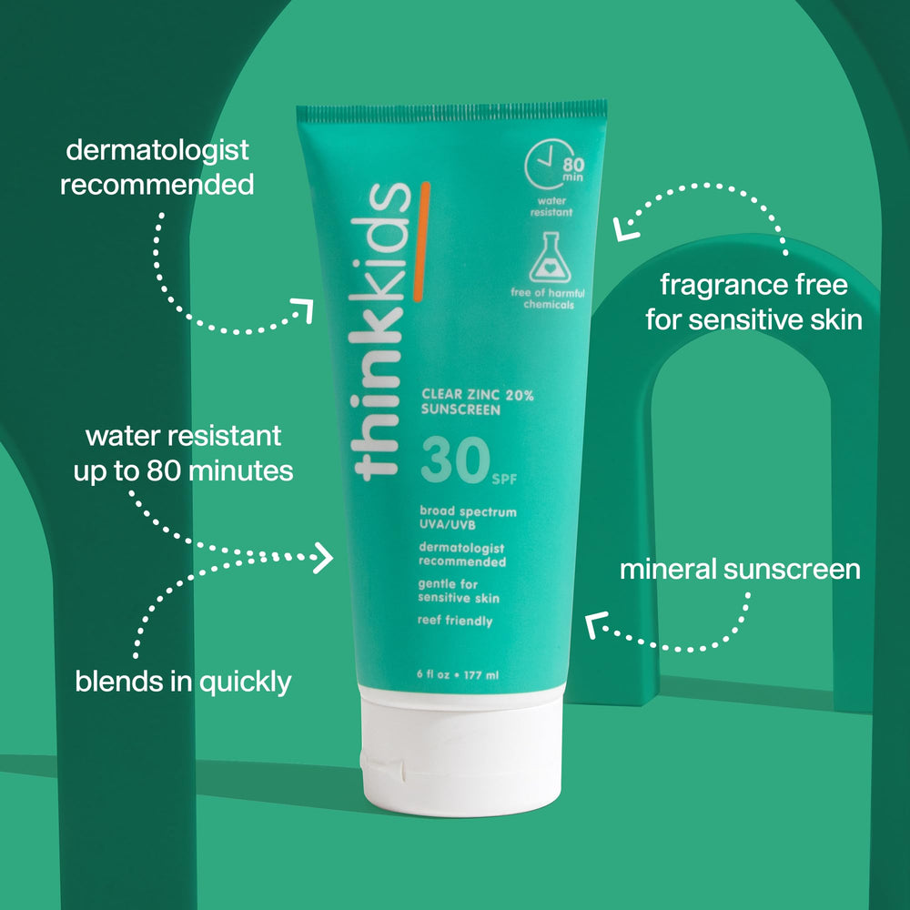 Thinkkids sunscreen bottle back label showing vegan, reef-safe formula