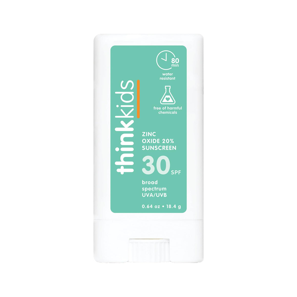 Thinksport Kids SPF 30 mineral sunscreen stick packaging for family sun protection