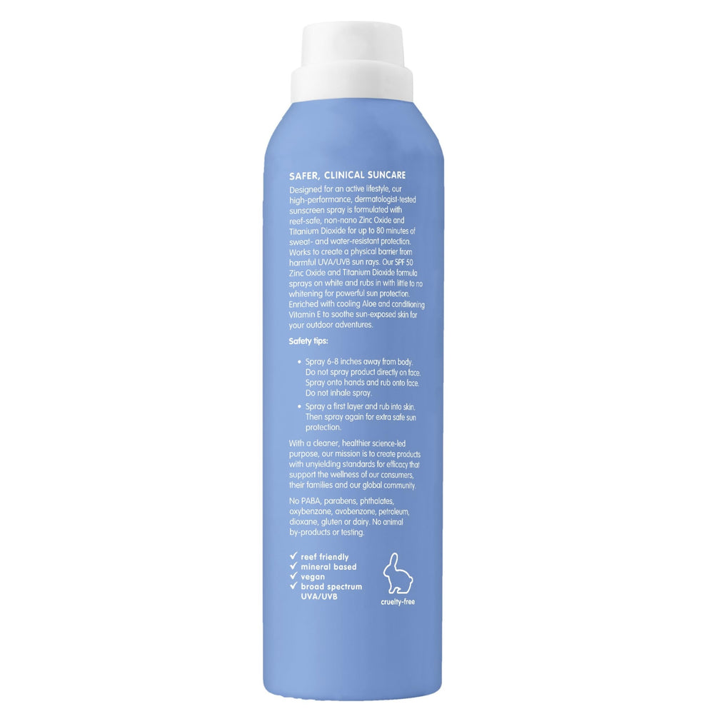 Thinksport SPF50 mineral spray, resistencia al agua para actividades al aire libre.