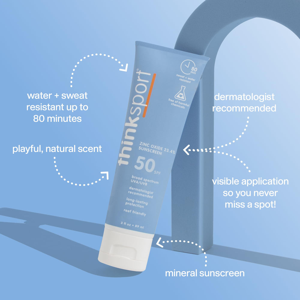 ThinkSport SPF 50, aplicación rápida en rostro y cuerpo para entrenamientos.