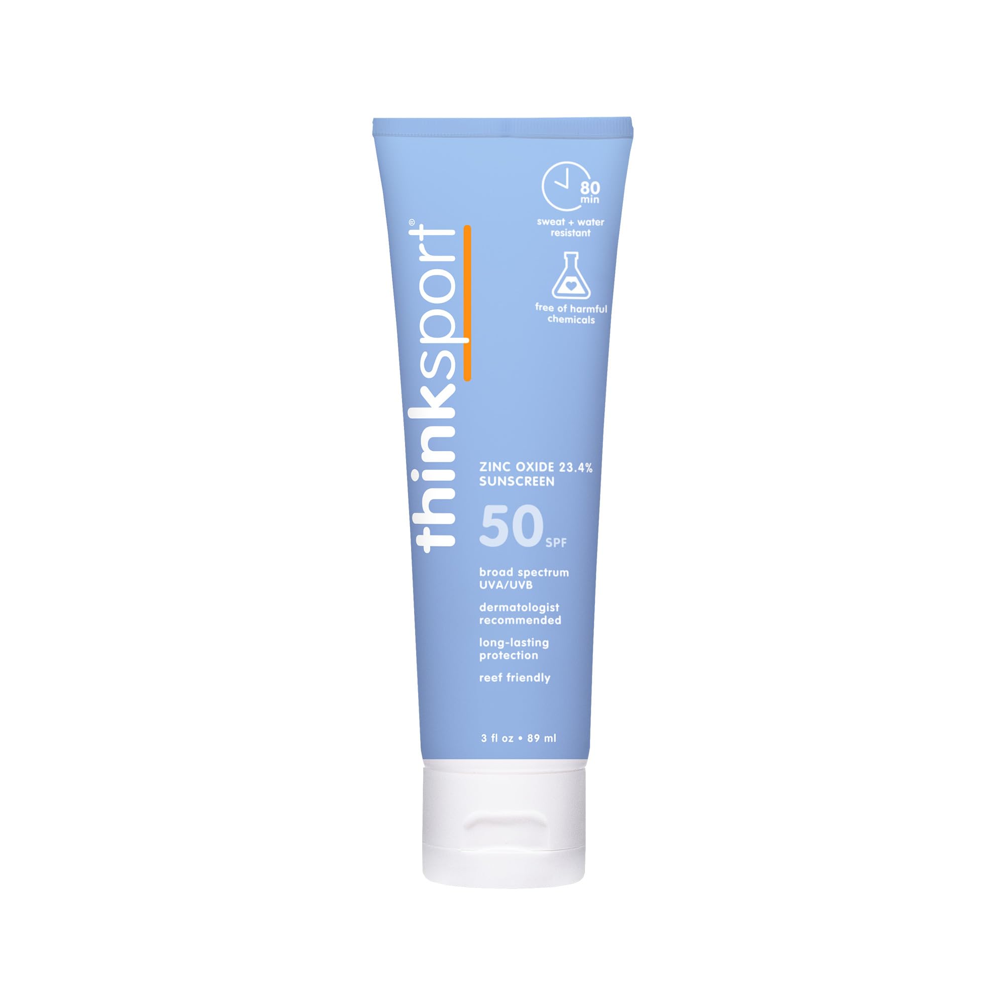 ThinkSport SPF 50 Mineral Sunscreen, envase de 3 oz, protección diaria para piel activa.