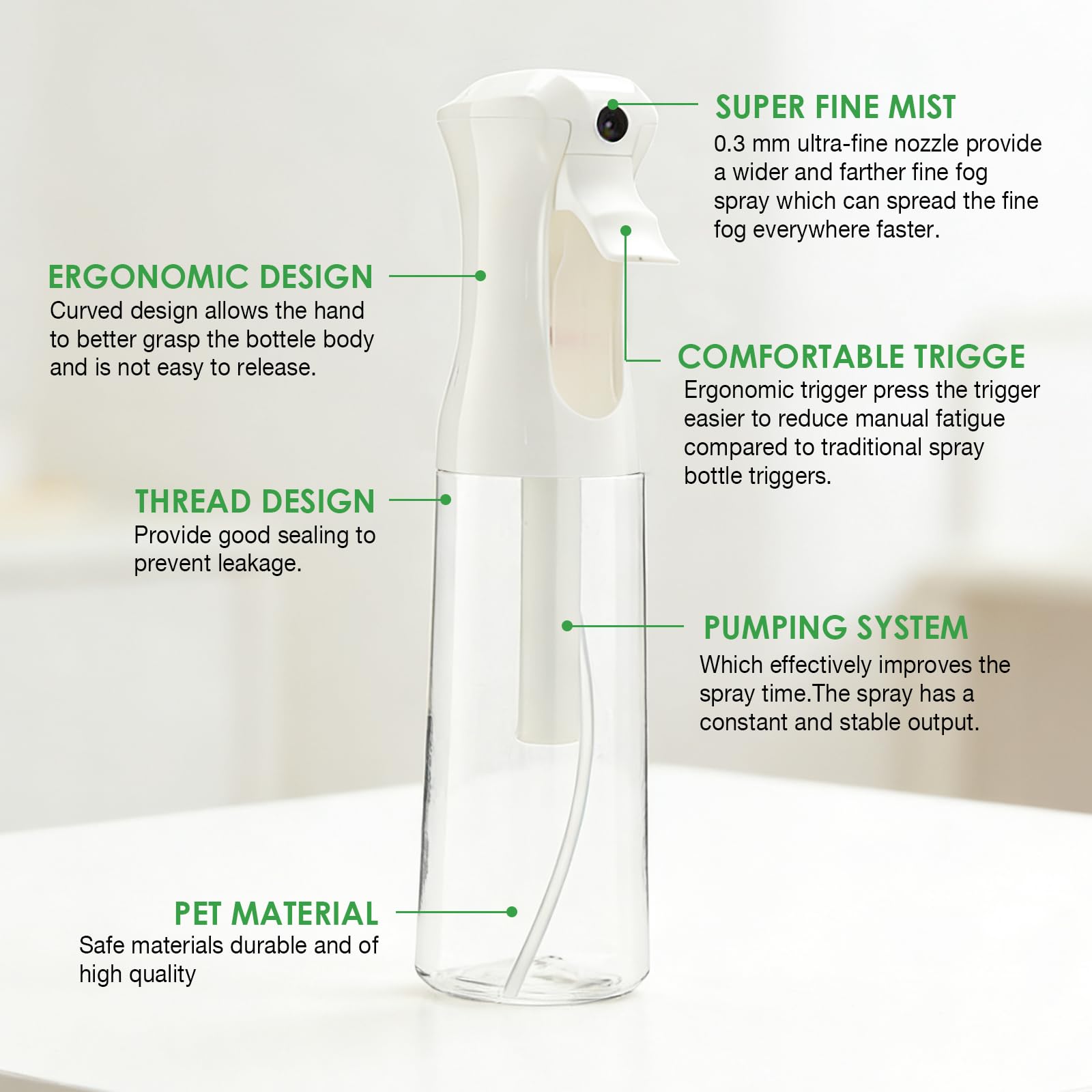 0.3 mm nozzle creates a fine mist for even coverage.