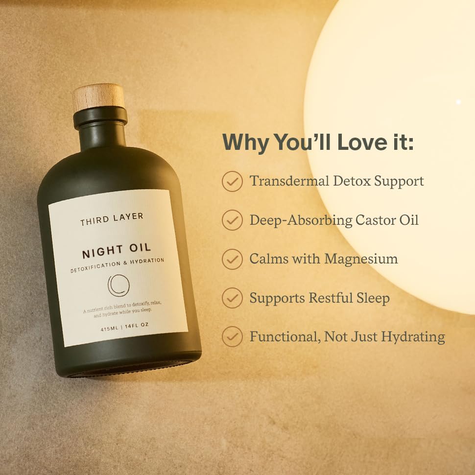 Third Layer Castor Oil Body Oil label close-up highlighting glass packaging and hexane-free sourcing.