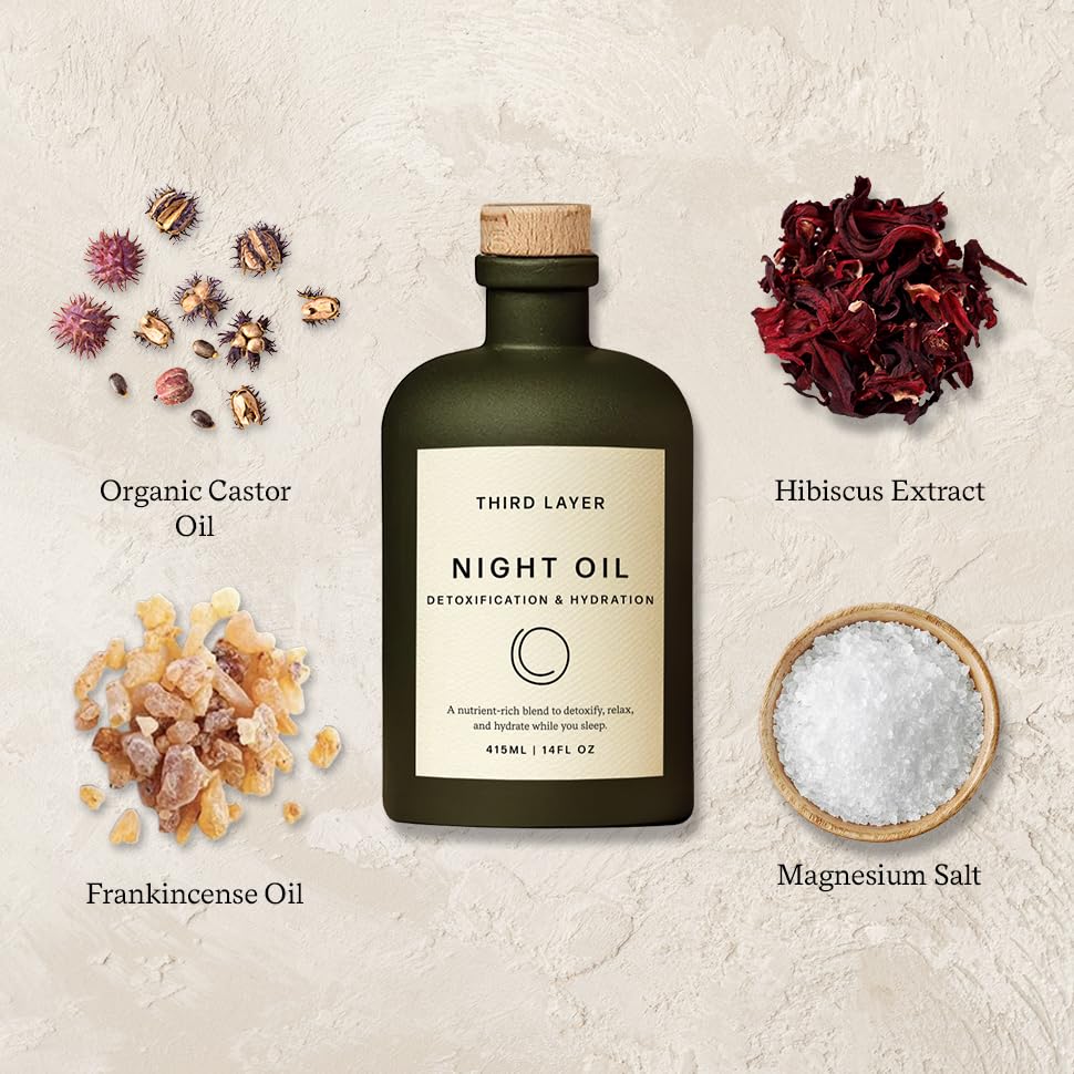 Third Layer Night Oil glass bottle on a bedside display, premium packaging for self-care.