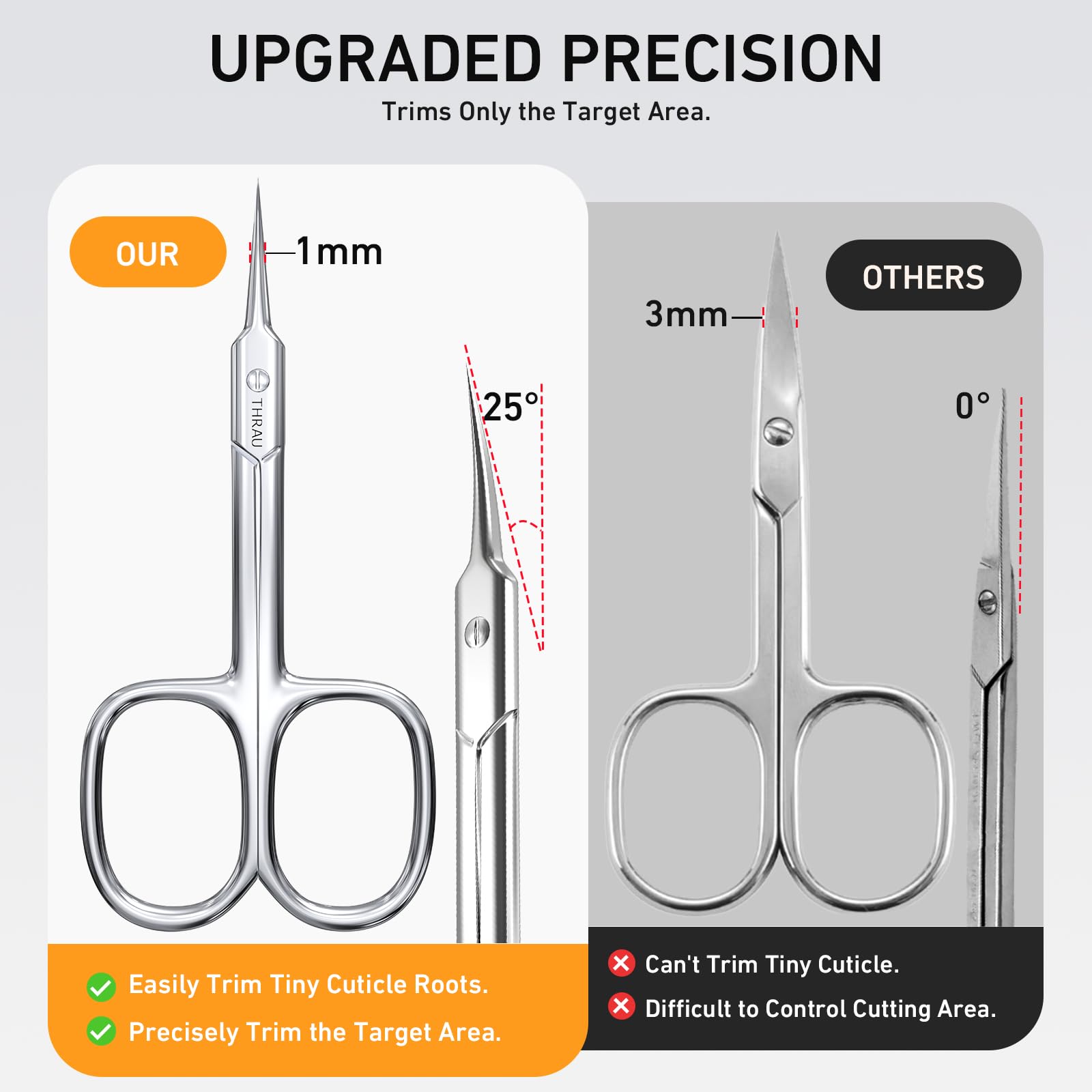 THRAU Cuticle Scissors curved blade designed to reach tough angles.