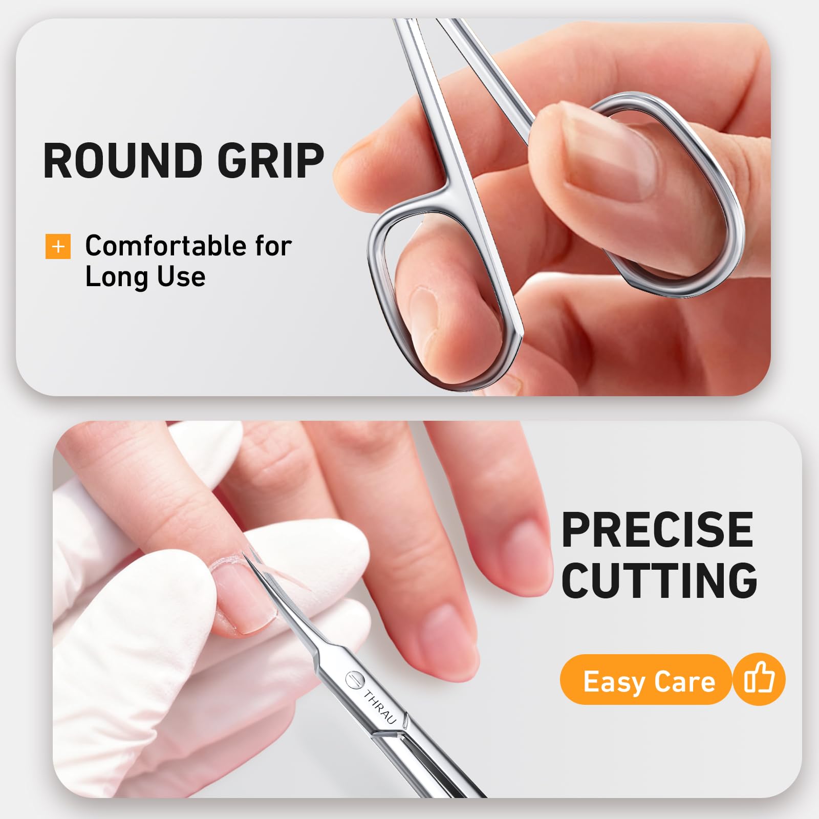 THRAU Cuticle Scissors ergonomic handle for comfortable control.