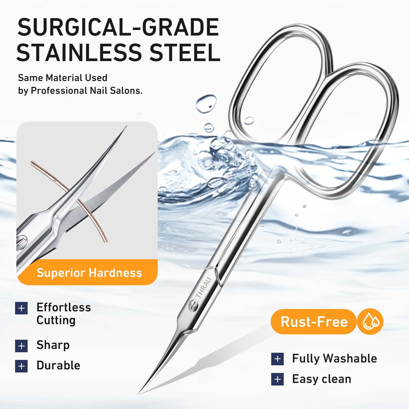 THRAU Cuticle Scissors stainless steel construction for durability.
